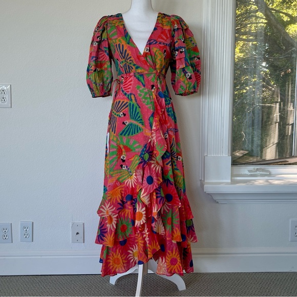 NWT - FARM Rio Coral Mixed Graphic Macaws Puff Sleeve Midi Dress / Size S - Picture 8 of 15